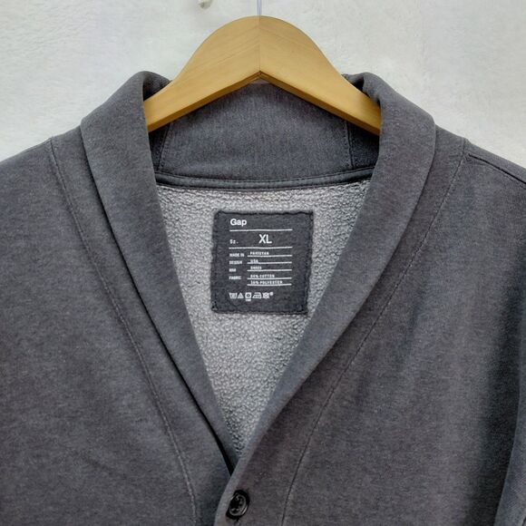 Gap Button Up Cardigan Sweater Mens Size XL Gray Jersey Knit Shawl Collar Pocket - Picture 3 of 12
